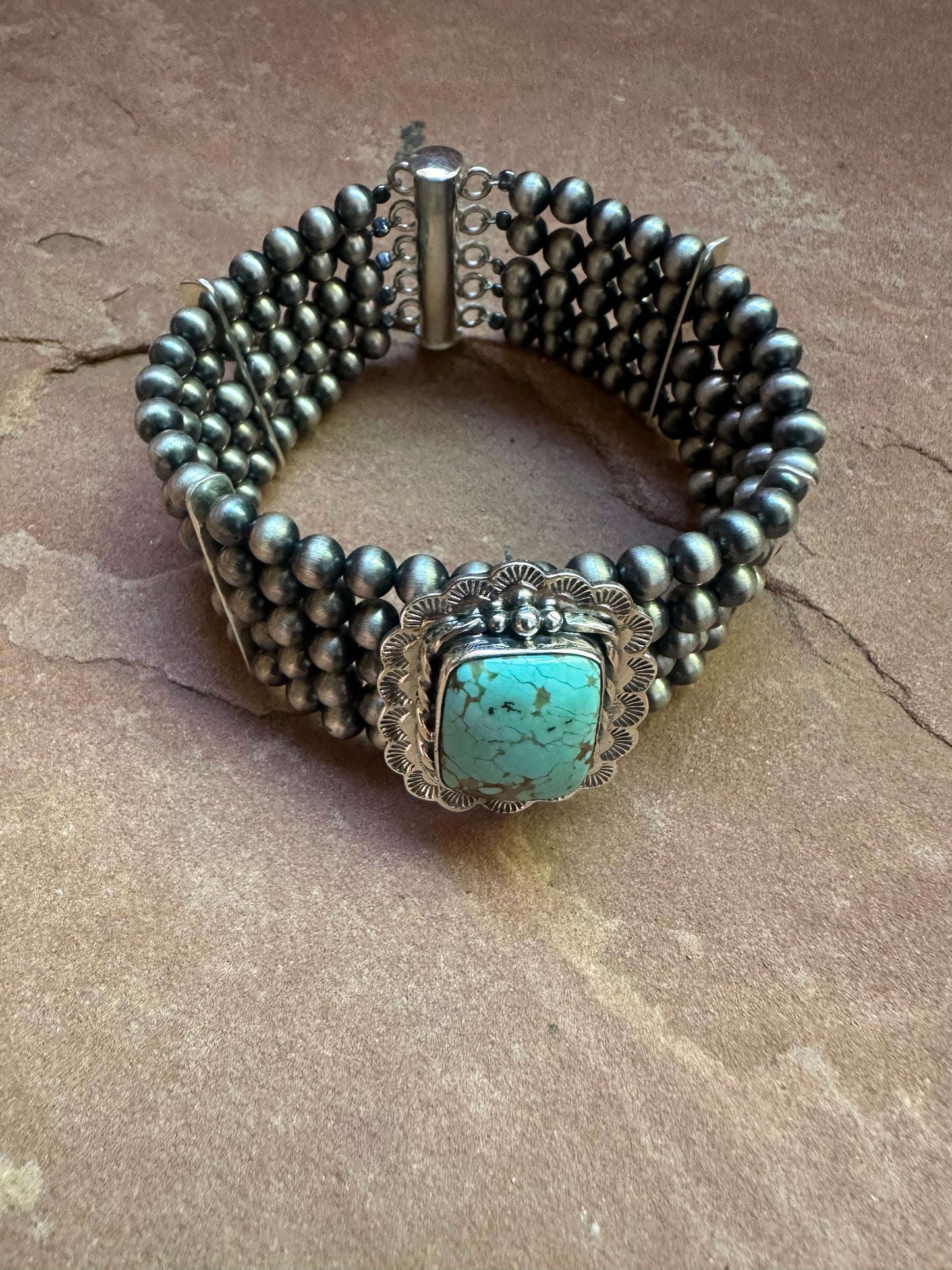 Handmade Sterling Silver & Number 8 Turquoise Beaded Navajo Pearl Style Bracelet