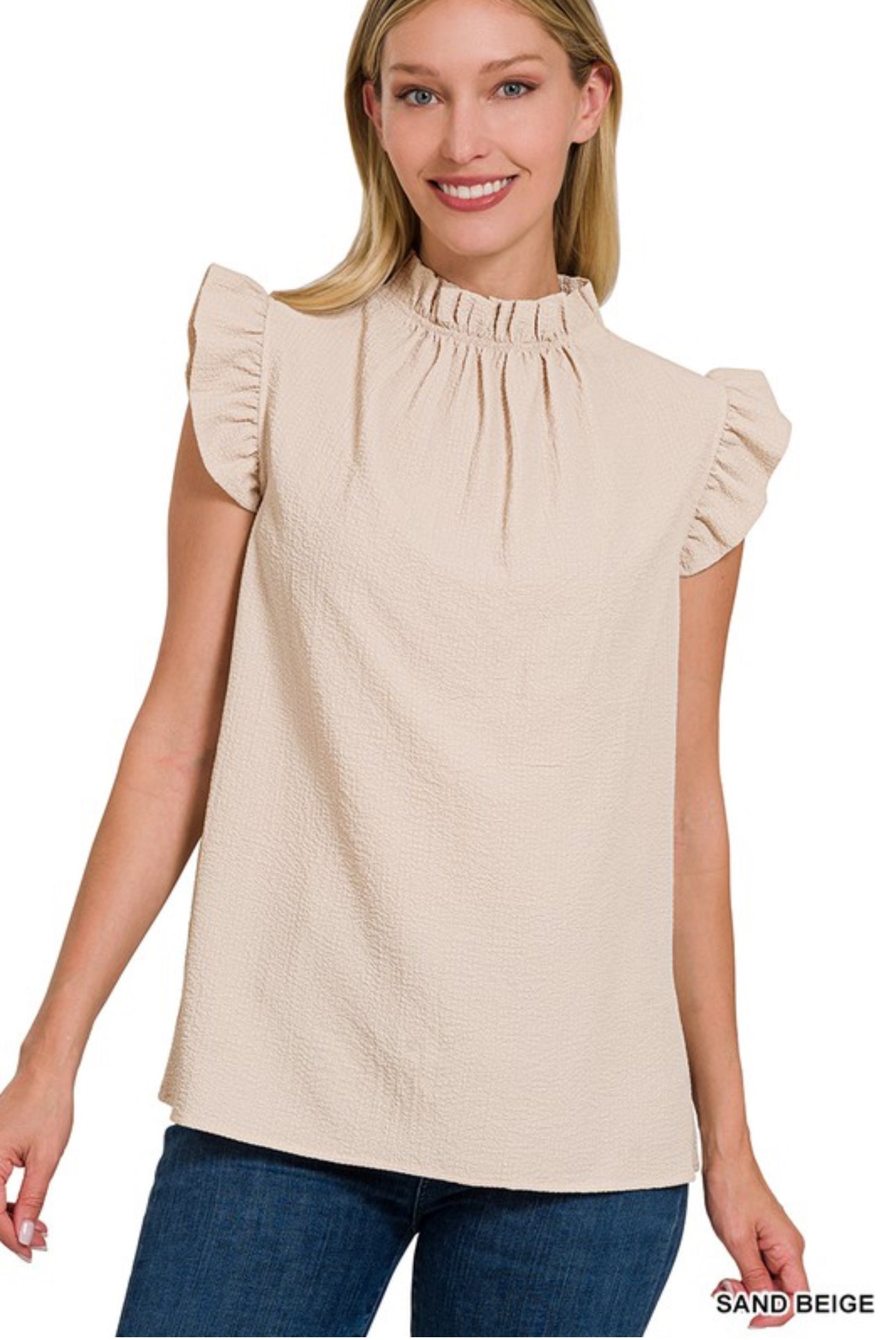 Sand Beige Woven Bubble Airflow Mock Neck Top