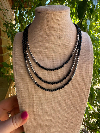 Navajo Pearl Sterling Silver & Black Onyx Beaded Necklace