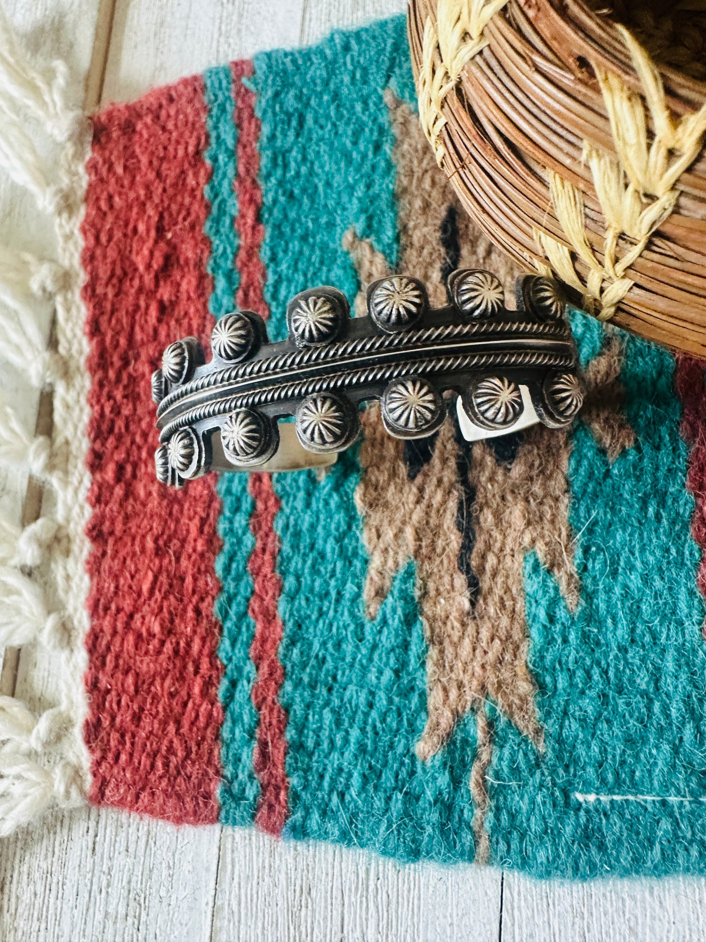 Navajo Hand Stamped Sterling Silver Studded Cuff Bracelet