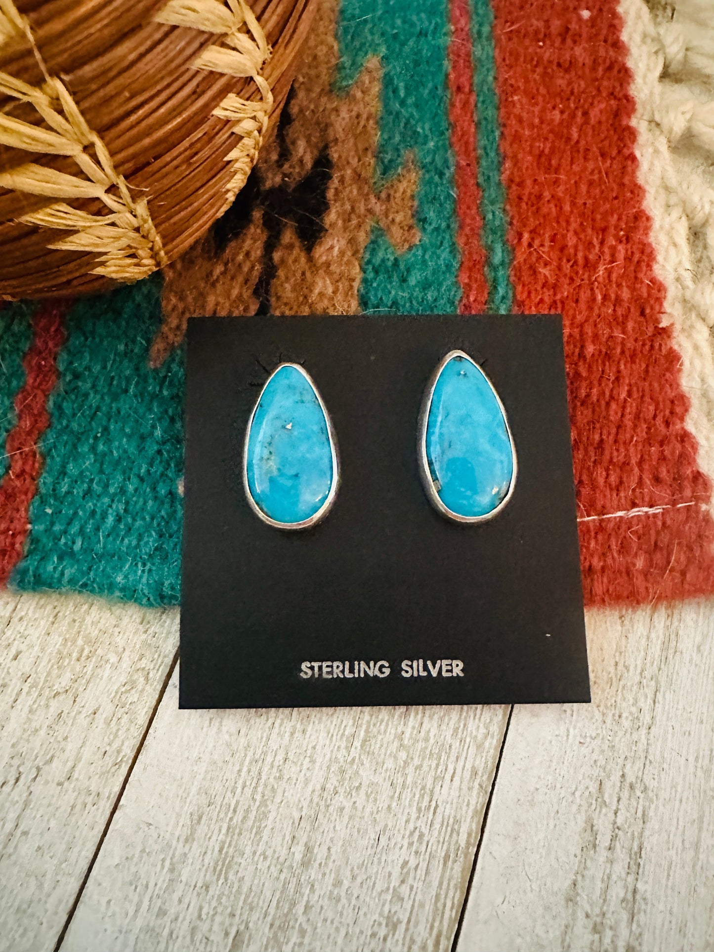 Navajo Turquoise & Sterling Silver Post Earrings Signed