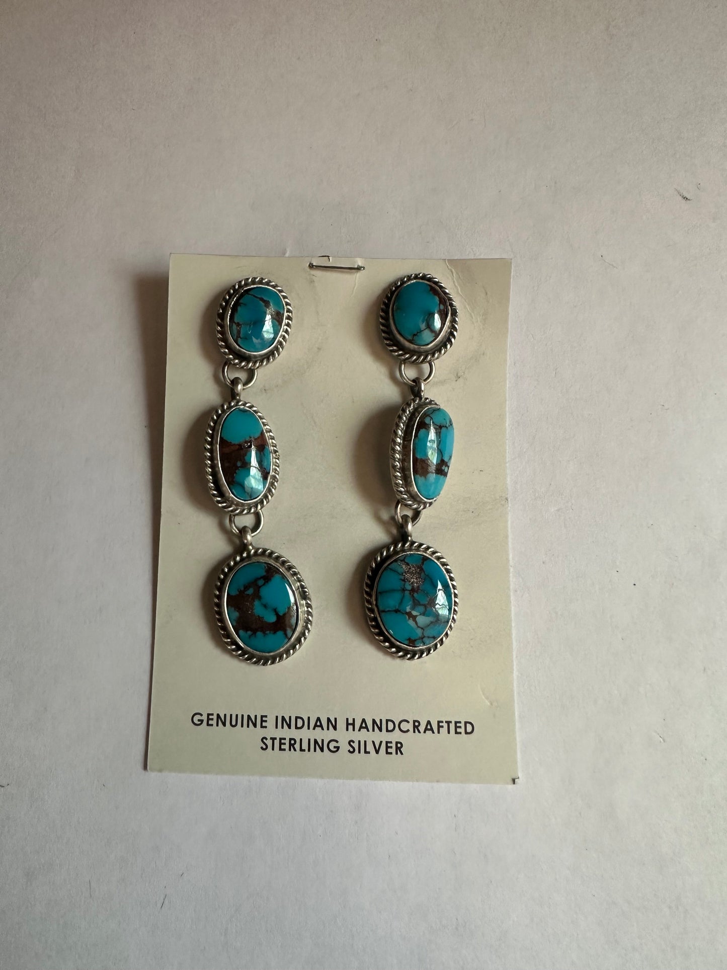 Navajo Turquoise & Sterling Silver 3 Stone Dangle Earrings Signed Marcella James