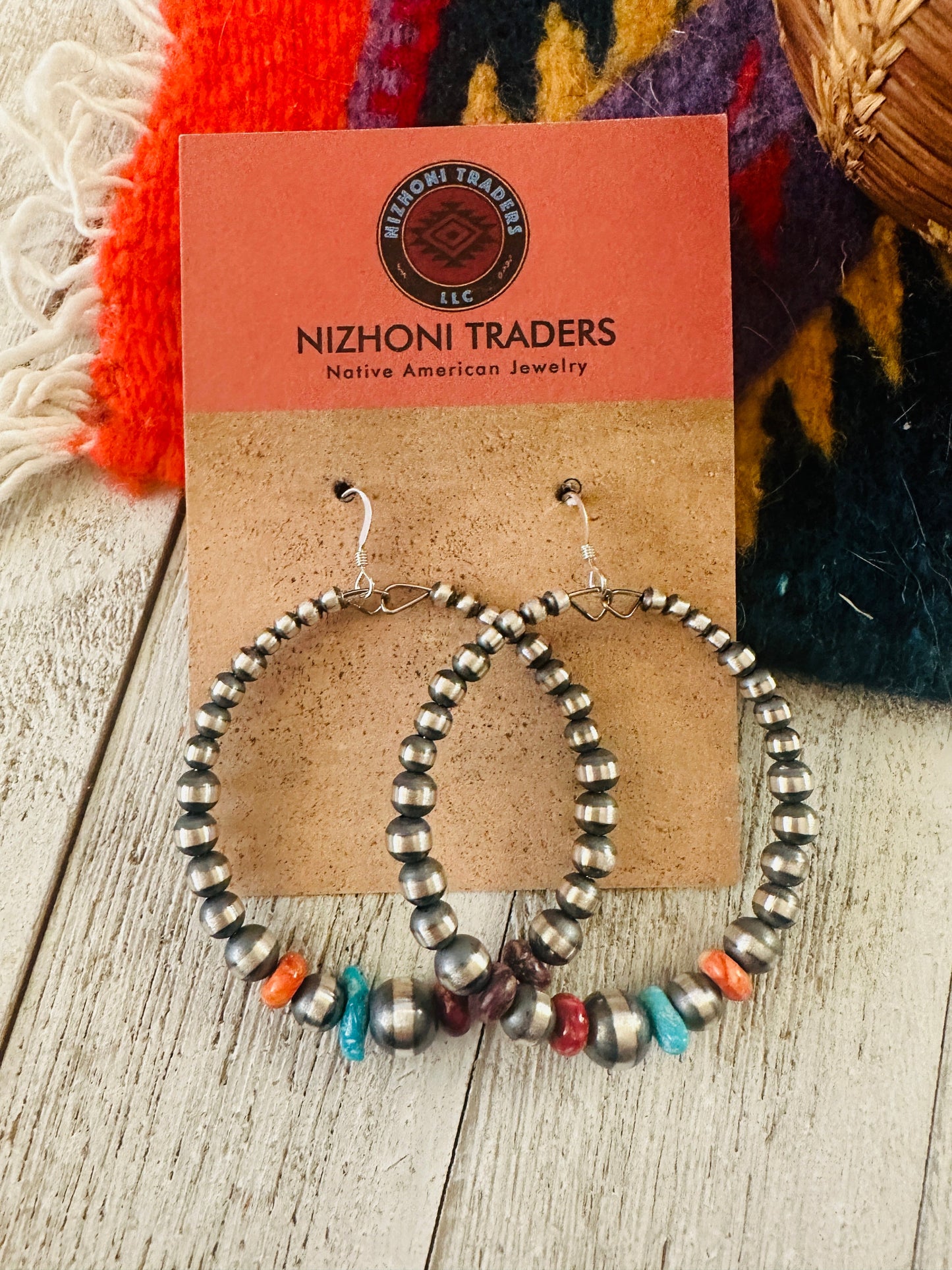 Navajo Multi Stone & Sterling Silver Pearl Dangle Hoop Earrings