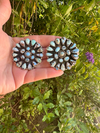 Handmade Golden Hills Turquoise & Sterling Silver Cluster Post Earrings