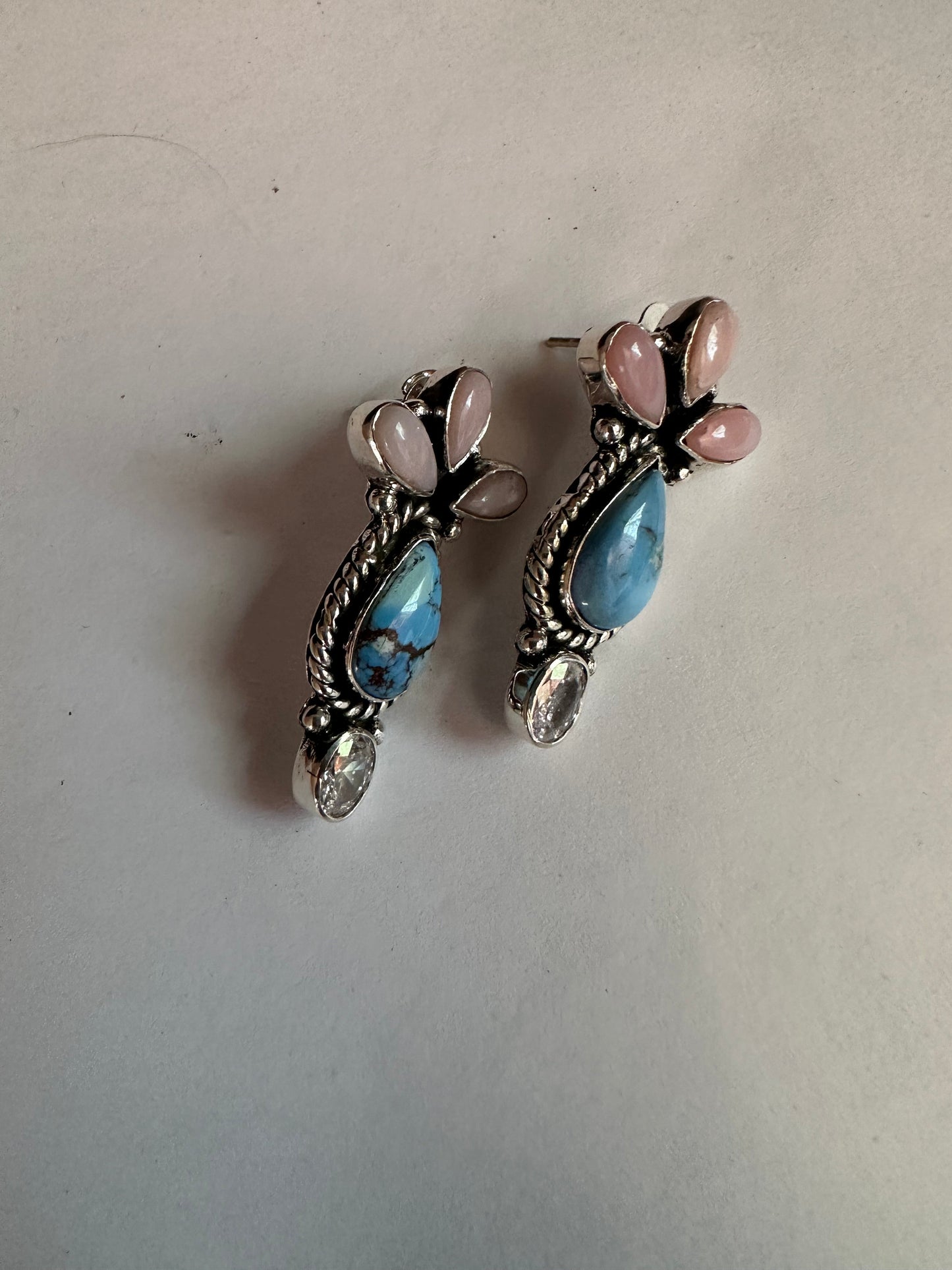 Handmade Natural Golden Hills Turquoise, Pink Conch, CZ and Sterling Silver Earring