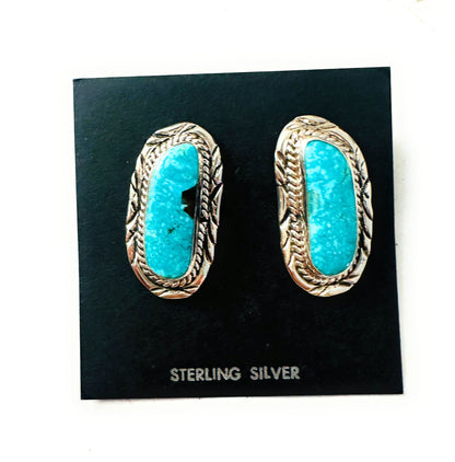 Navajo Turquoise & Sterling Silver Post Earrings Signed