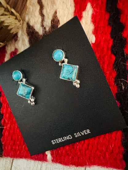 Navajo Sterling Silver & Turquoise Diamond Dangle Earrings