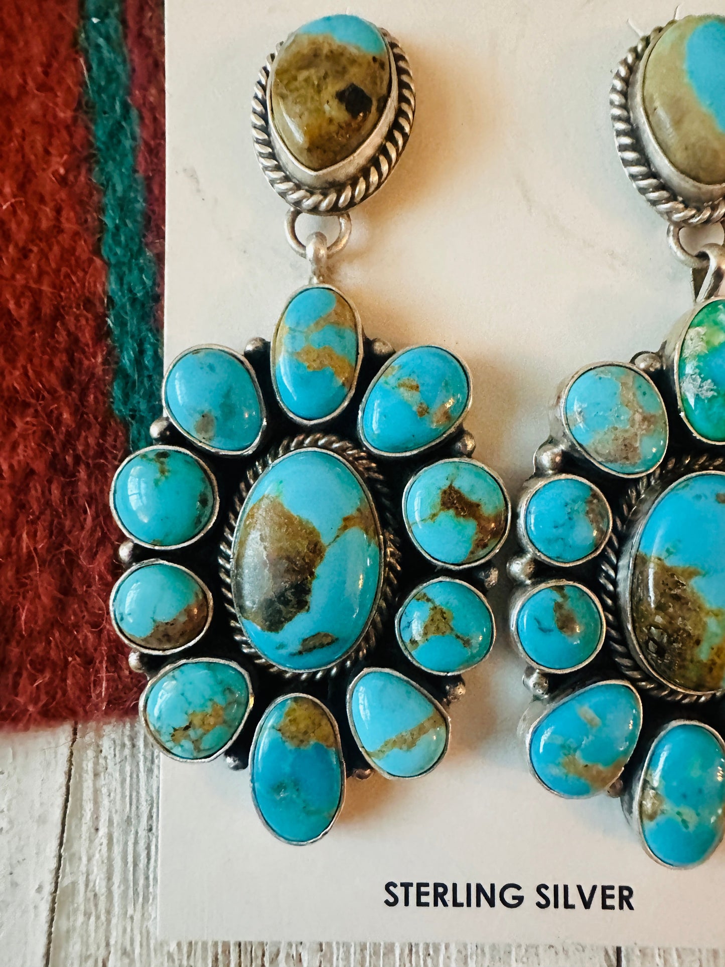 Navajo Turquoise & Sterling Silver Cluster Dangle Earrings