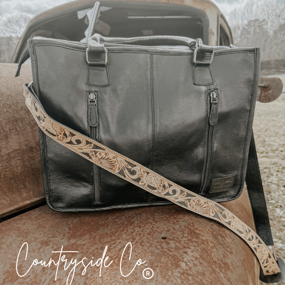 Panhandle Tooled Leather Cowhide Conceal Carry Tote, Computer Bag by Countryside Co.