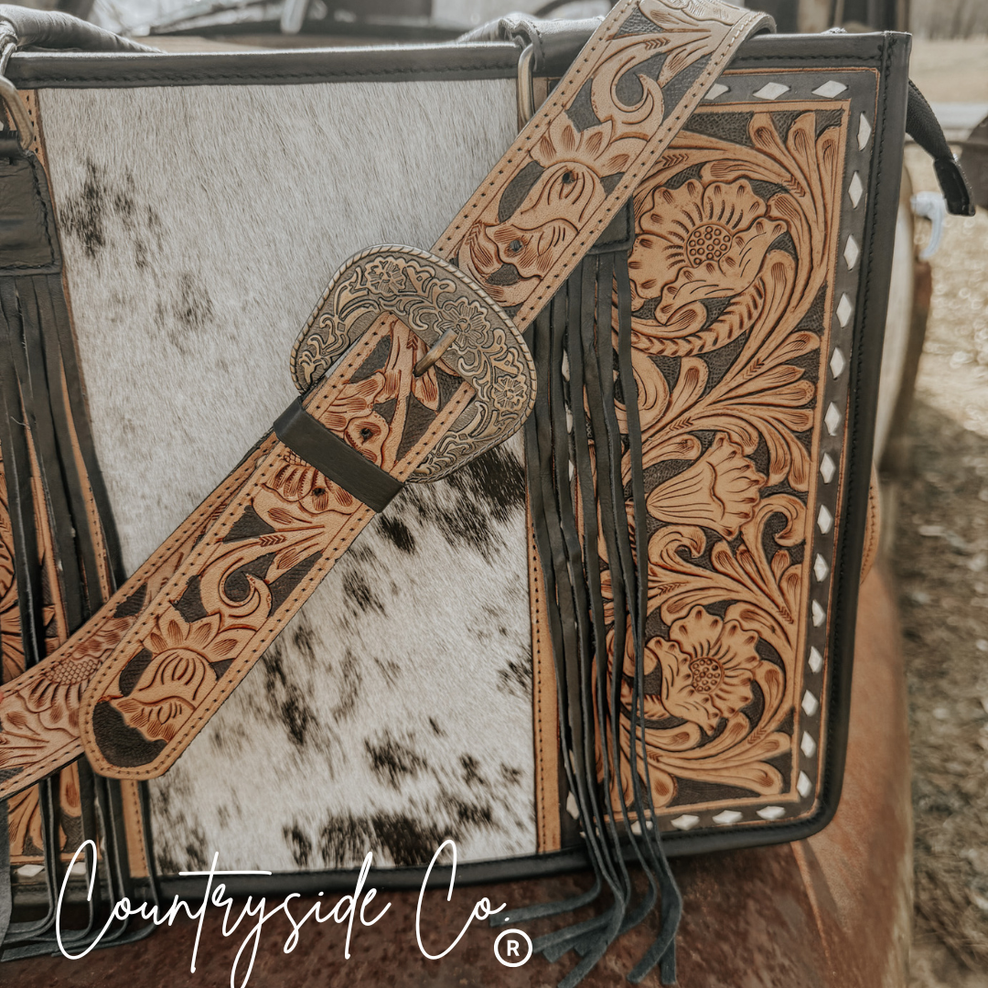 Panhandle Tooled Leather Cowhide Conceal Carry Tote, Computer Bag by Countryside Co.