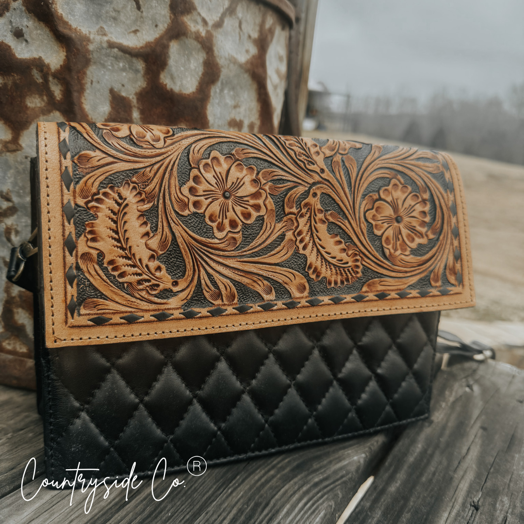 Wyoming Quilted Leather Purse With Tooled Leather