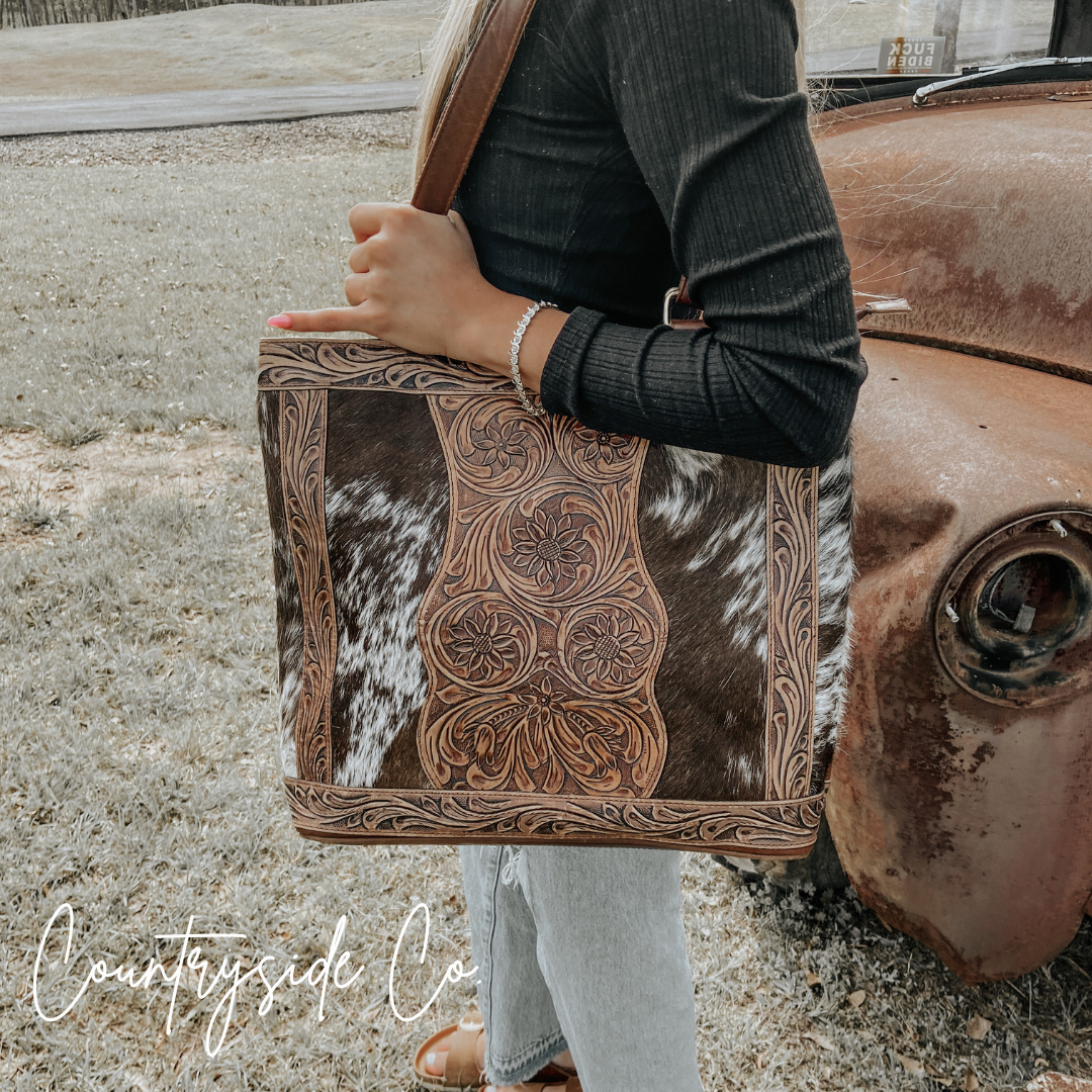 Lucille Cowhide and Tooled Leather Tote  Bag