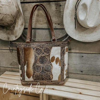 Lucille Cowhide and Tooled Leather Tote  Bag