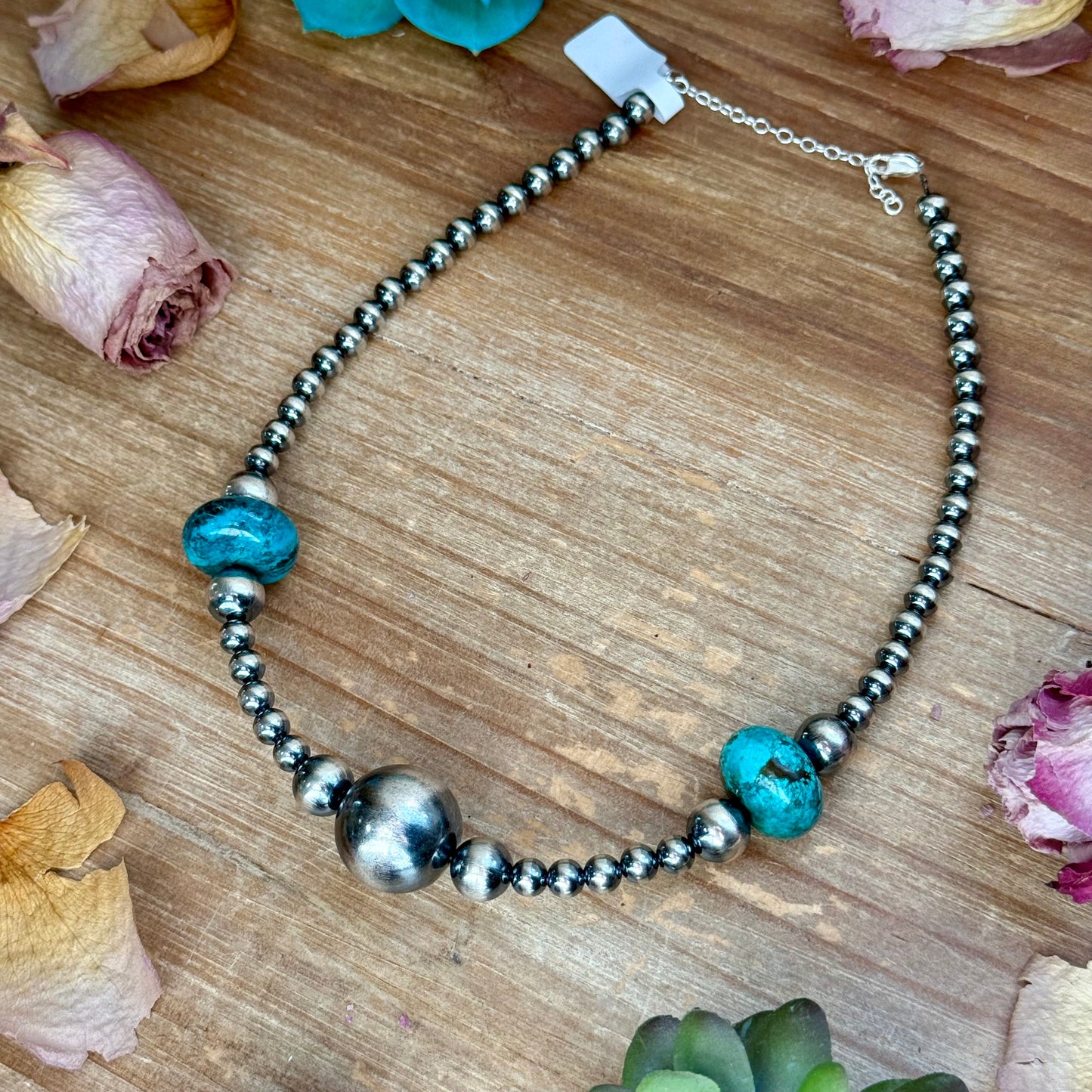 15” Turquoise Rondelle Necklace – Sterling Silver Pearls