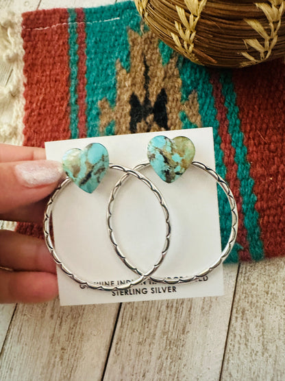 Navajo Turquoise & Sterling Silver Heart Hoop Earrings