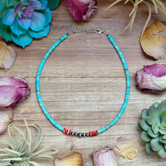 14” Vibrant Choker – Turquoise, Spiny Oyster & Sterling Silver