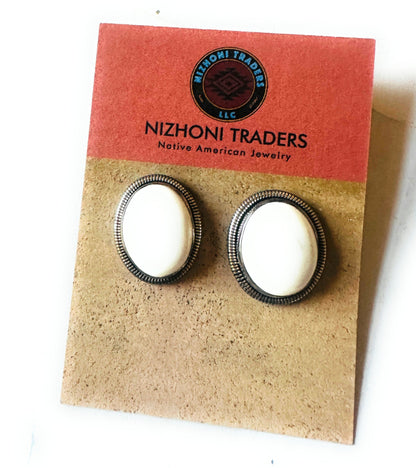 Navajo White Buffalo & Sterling Silver Post Earrings