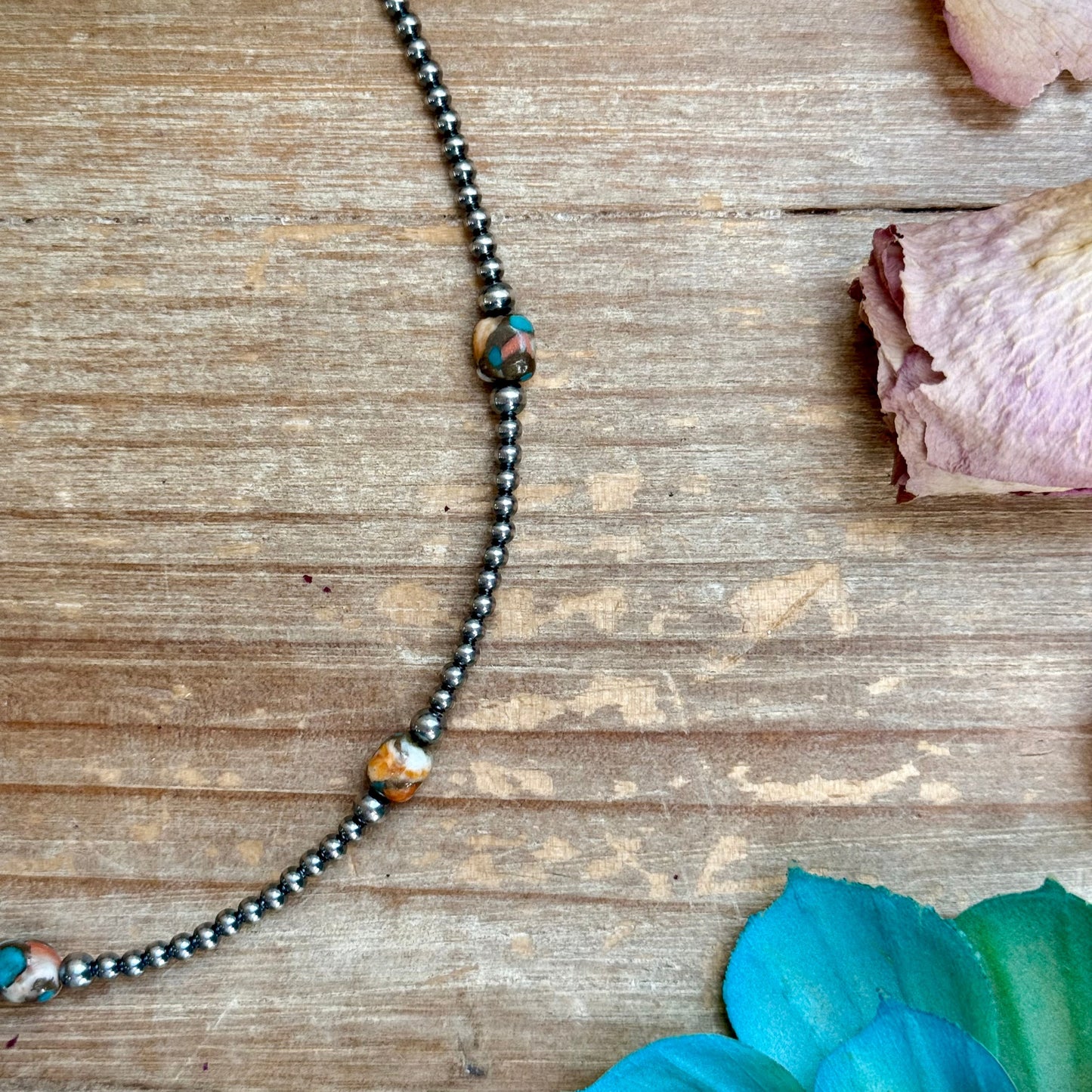 Kids necklace - 13” Turquoise & Spiny Oyster Necklace – 3–4mm Sterling Silver Pearls