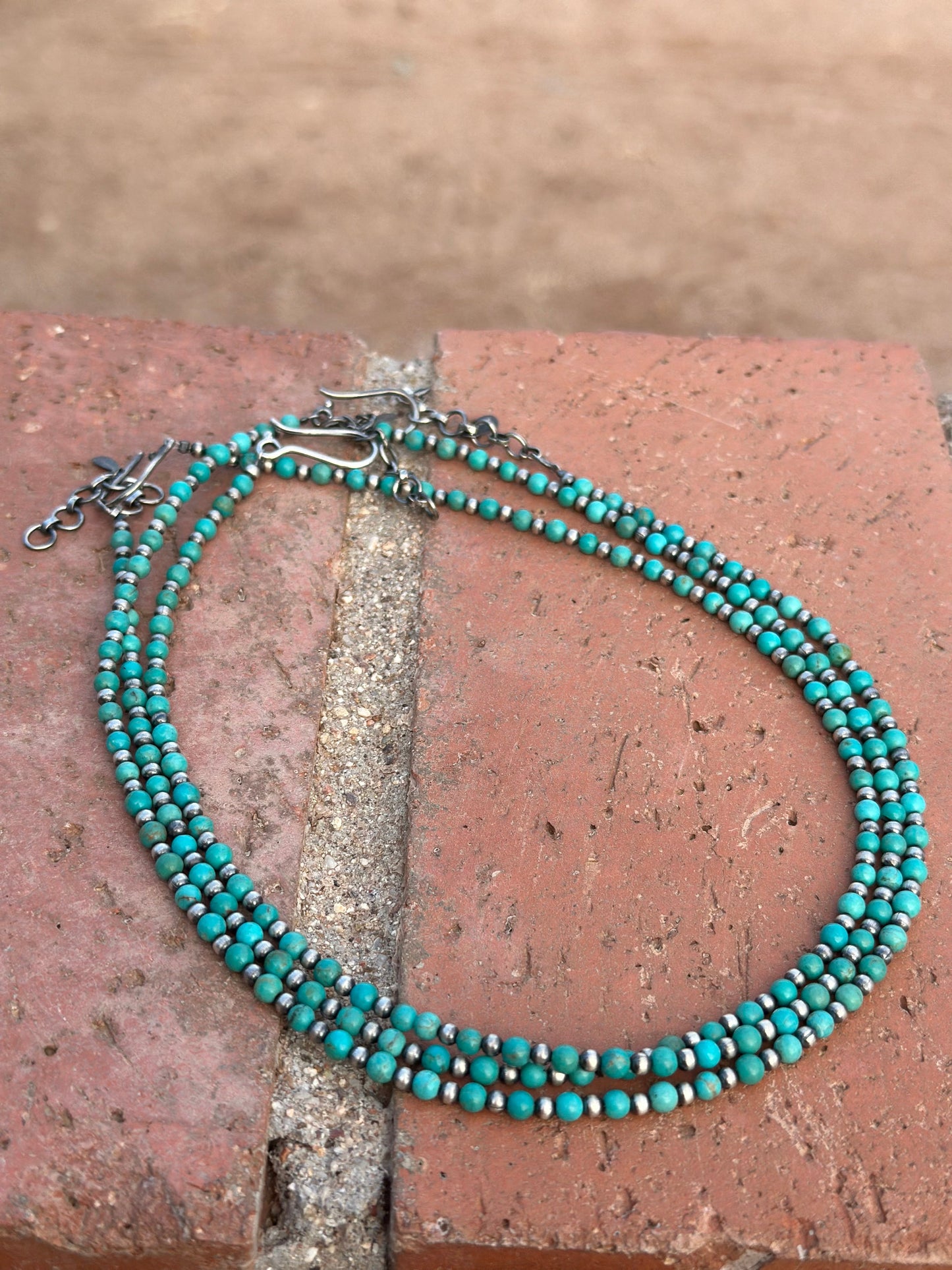 Handmade Kingman Turquoise and Sterling Silver Pearl Beaded Necklace 16” w/2 inch extender.