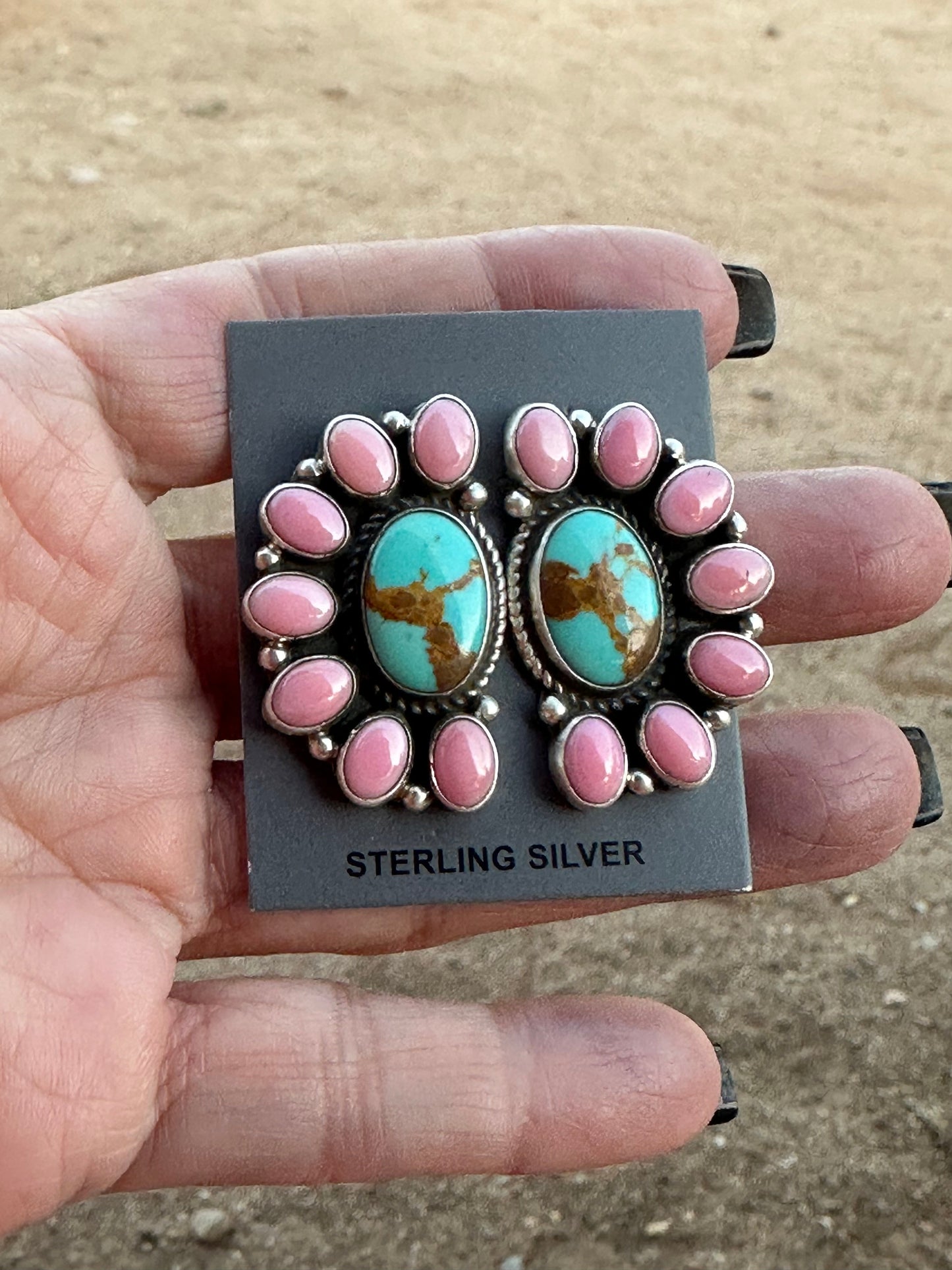 Navajo Queen Pink Conch & Turquoise Sterling Silver Cluster Stud Earrings