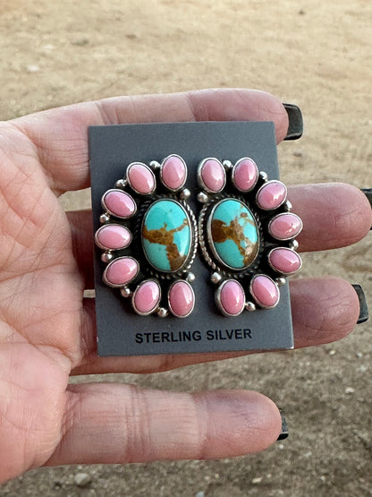 Navajo Queen Pink Conch & Turquoise Sterling Silver Cluster Stud Earrings