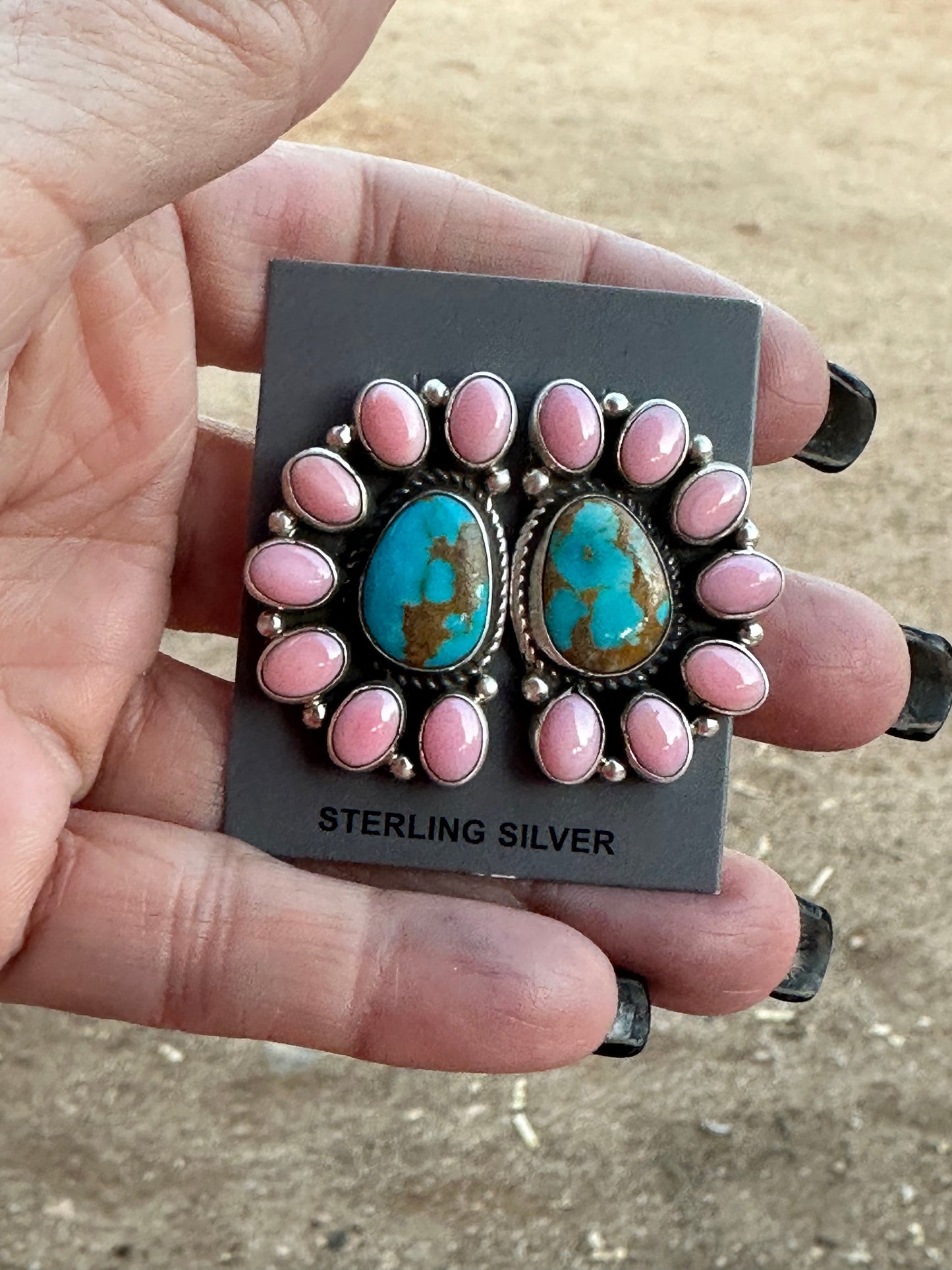 Navajo Queen Pink Conch & Turquoise Sterling Silver Cluster Stud Earrings