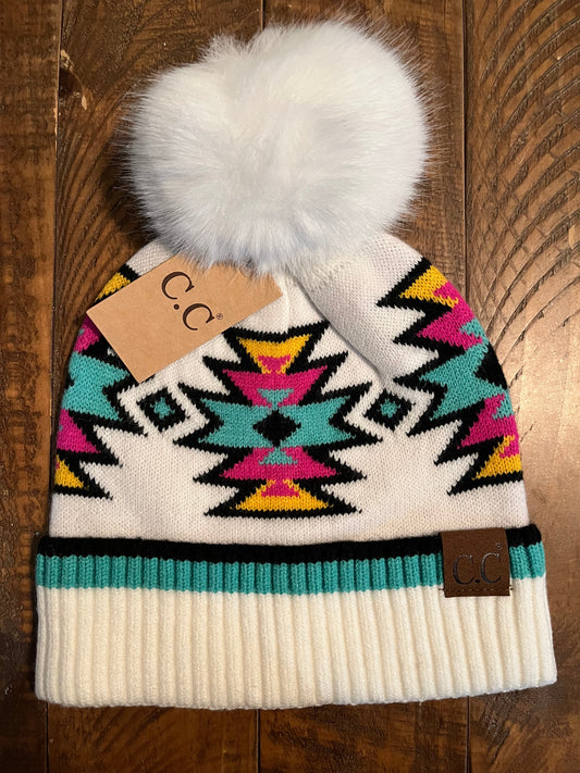 White/Teal/Pink Aztec Beanie