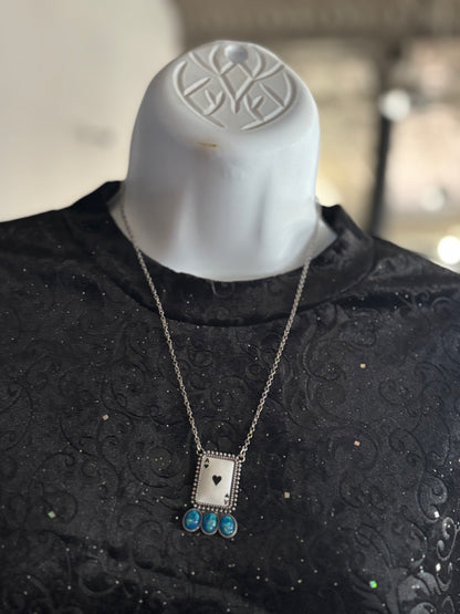 ACE OF HEARTS BLUE SILVERTONE NECKLACE