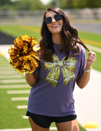 Gold Faux Glitter Football Bow Tee on Purple
