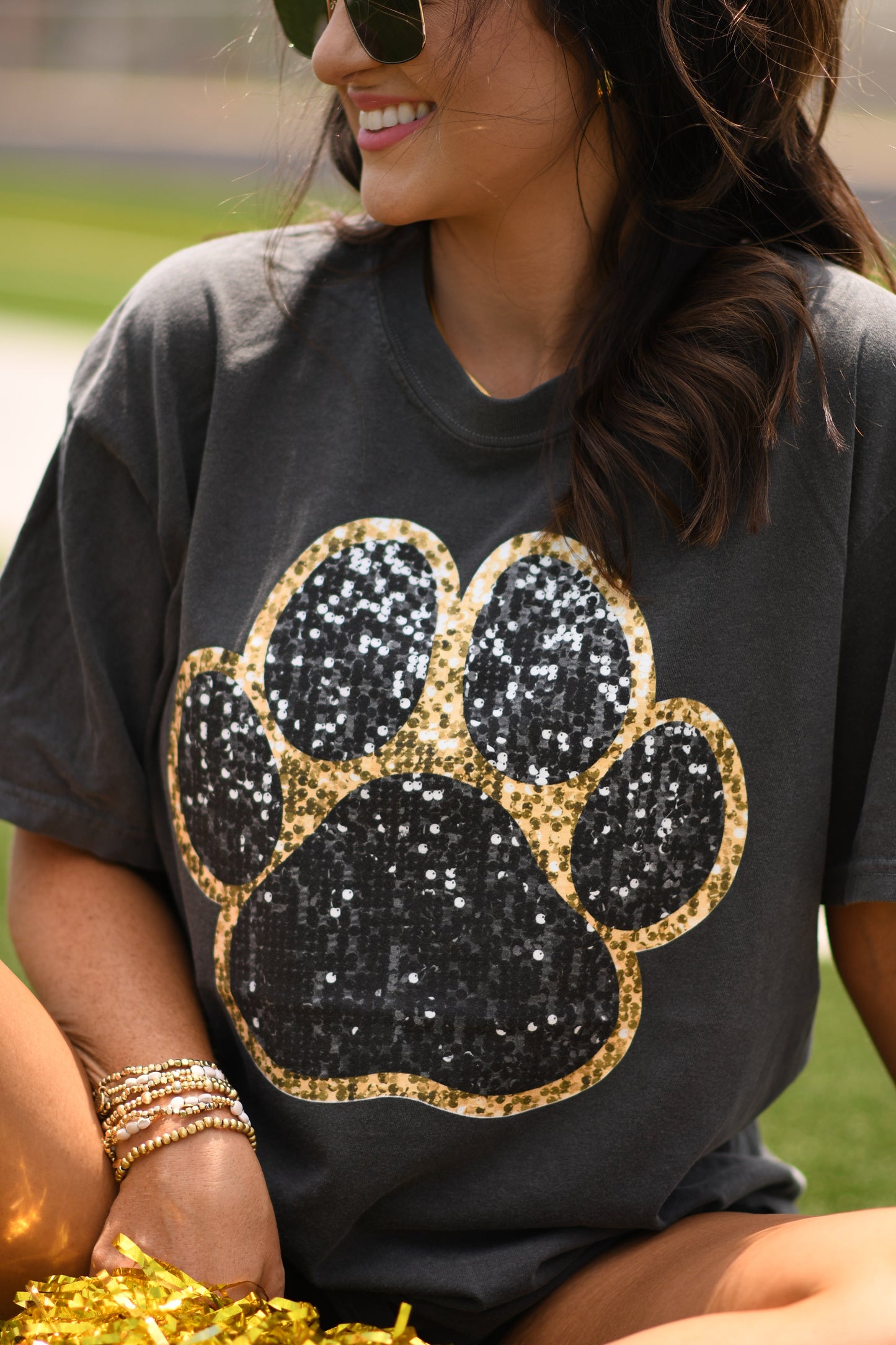 Black & Gold Faux Glitter Paw Print Tee