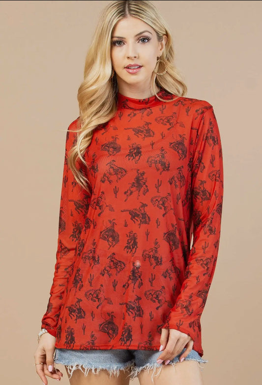 Red Bucking Horse Mesh Top