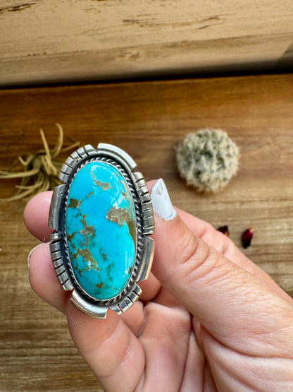 Big oval Ring- adjustable- Kingman turquoise ring and sterling silver