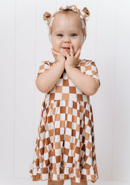 CHESTNUT CHECKERS DREAM RUFFLE DRESS