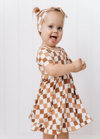 CHESTNUT CHECKERS DREAM RUFFLE DRESS