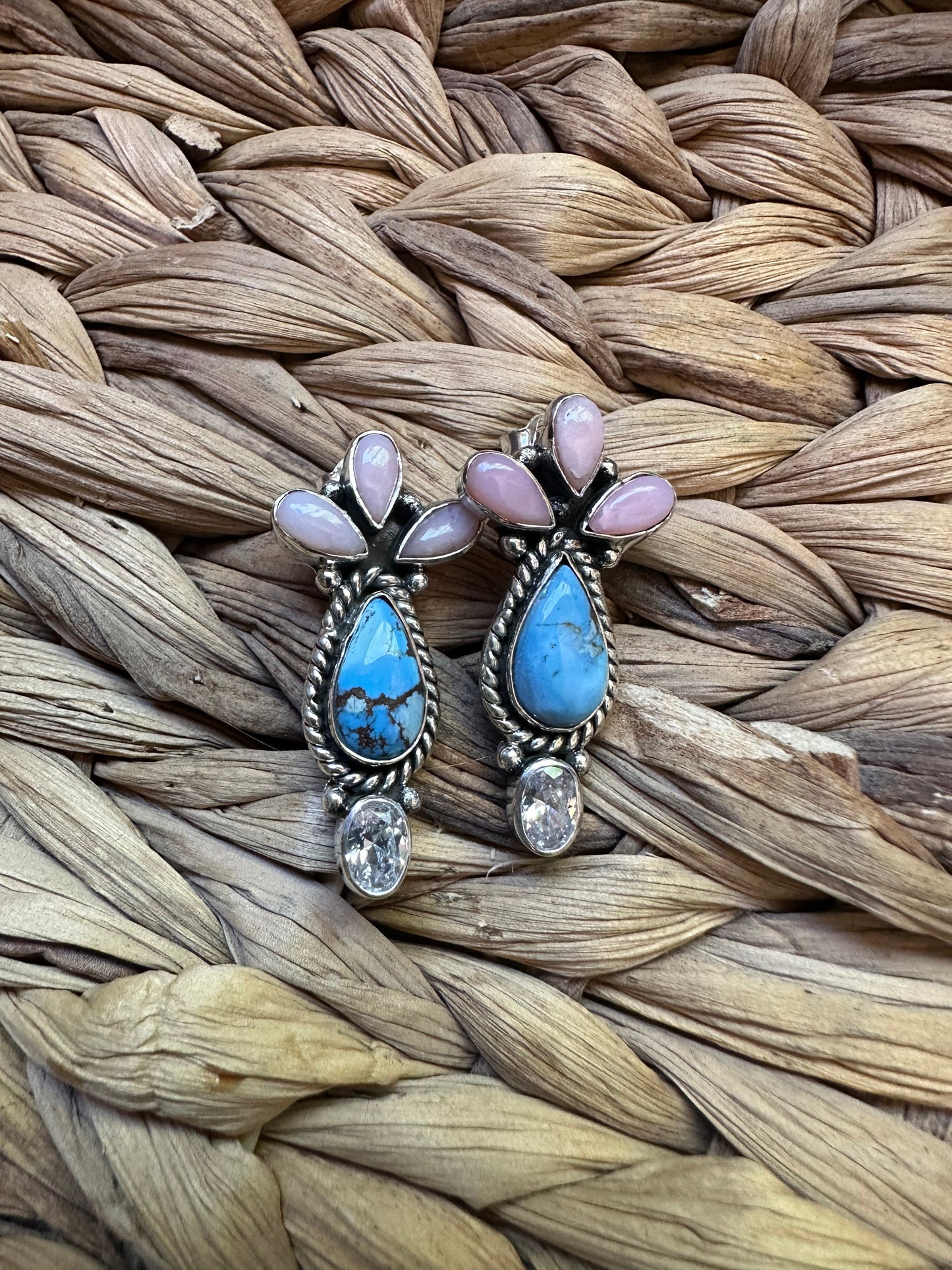 Handmade Natural Golden Hills Turquoise, Pink Conch, CZ and Sterling Silver Earring