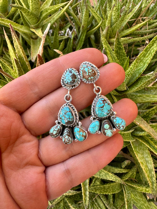 Handmade Number 8 Turquoise & Sterling Silver Post Dangle Earrings