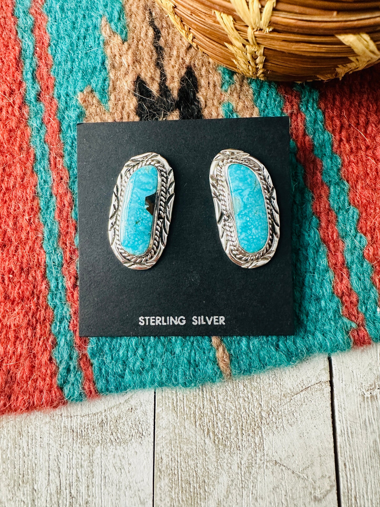 Navajo Turquoise & Sterling Silver Post Earrings Signed