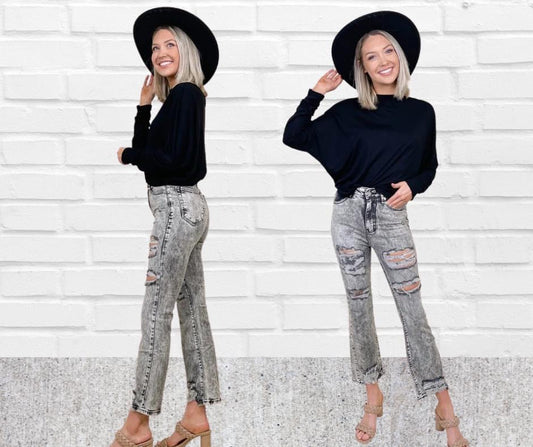 THE BLAKE STONE WASH MID RISE DISTRESSED CROP FLARE