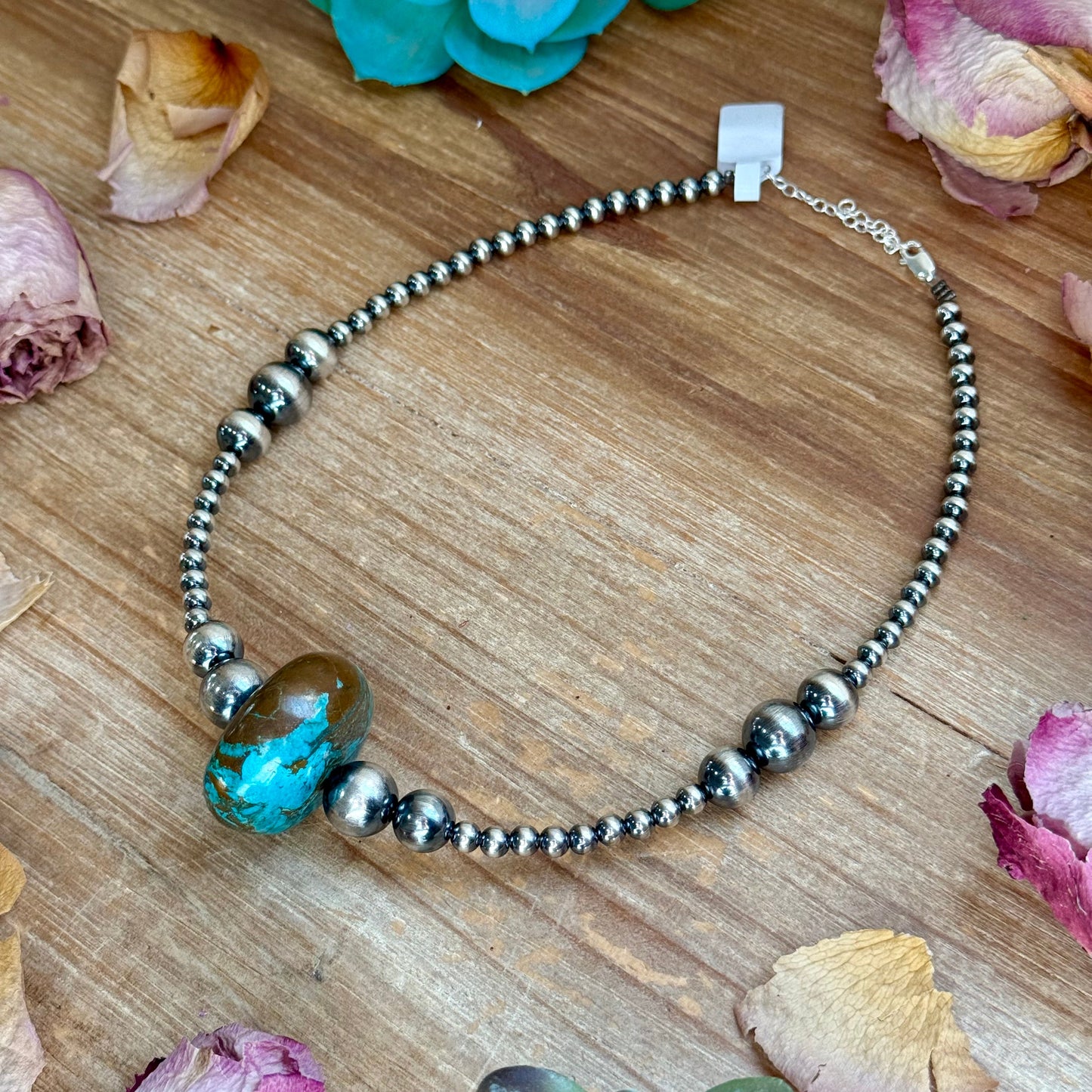 15.5” Turquoise Statement Necklace – Graduated Sterling Silver Pearls