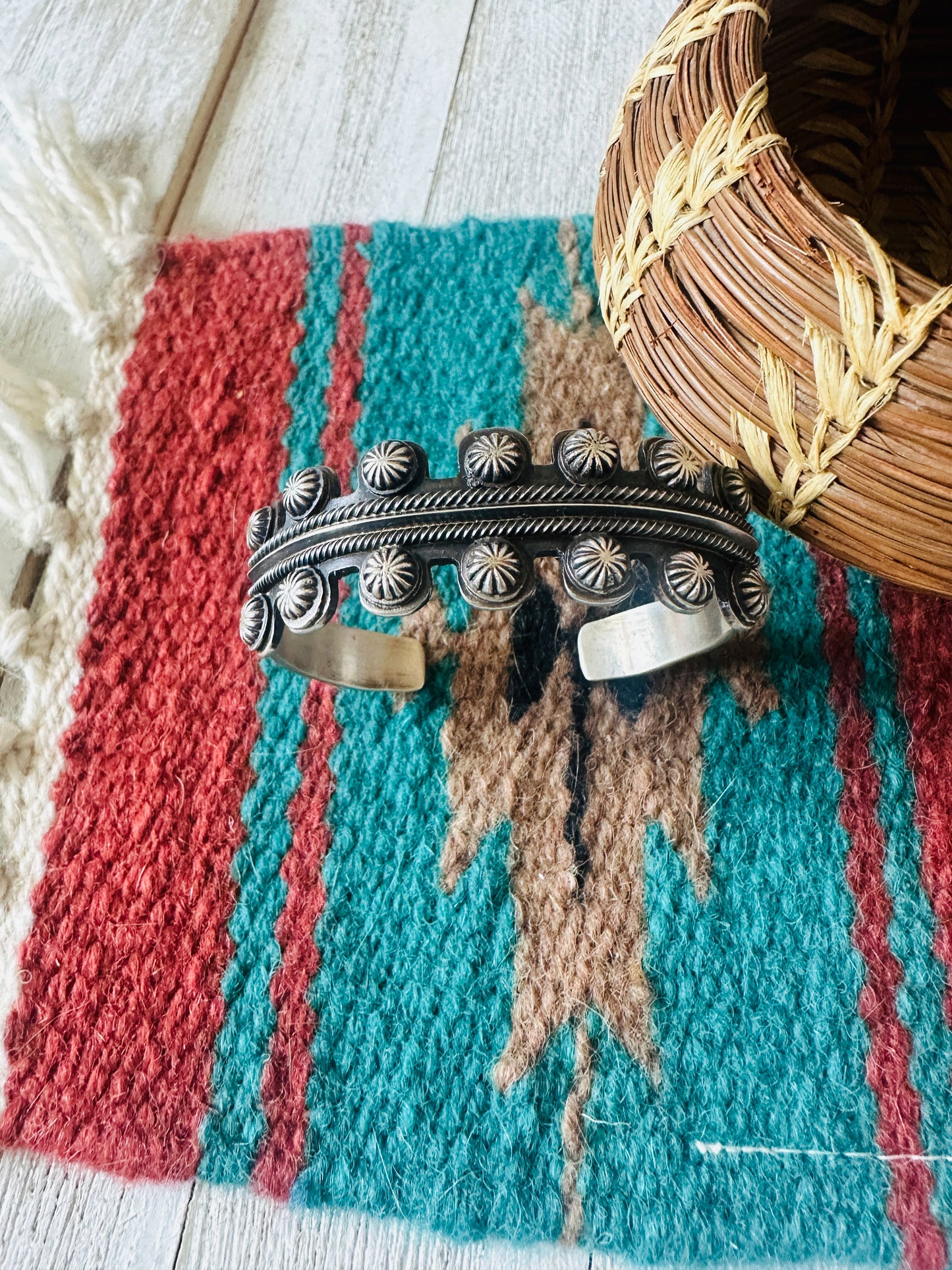 Navajo Hand Stamped Sterling Silver Studded Cuff Bracelet