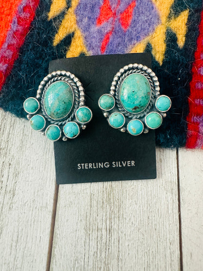 Navajo Sterling Silver & Kingman Turquoise Cluster Post Earrings