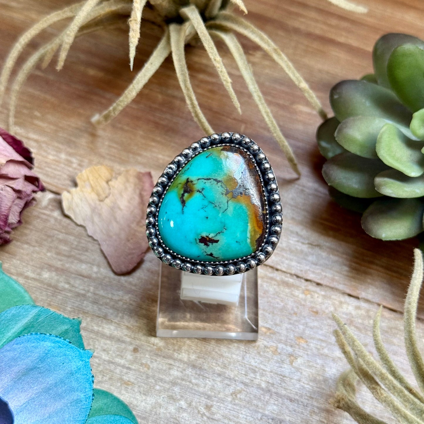 MJ Blue Turquoise Ring – Sterling Silver Adjustable Band