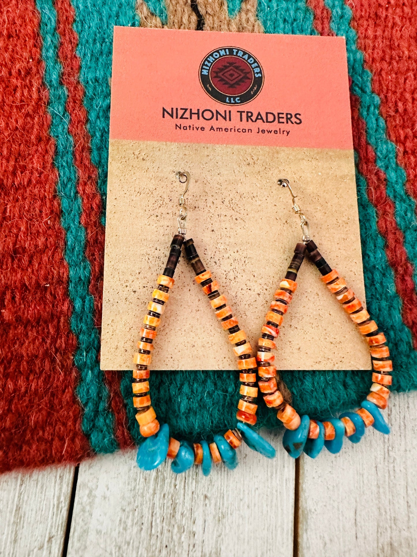 Navajo Turquoise, Spiny & Heishi Beaded Hoop Earrings