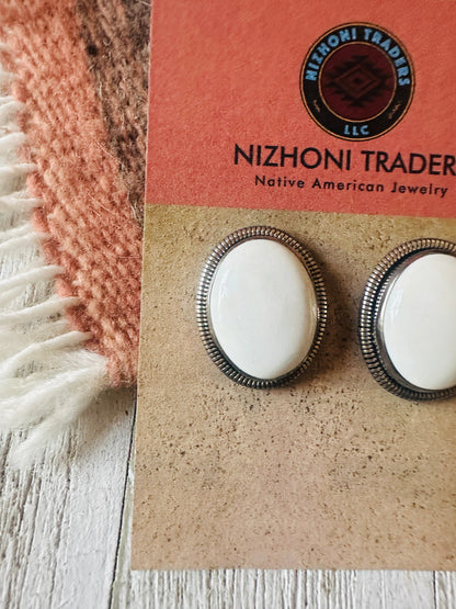 Navajo White Buffalo & Sterling Silver Post Earrings