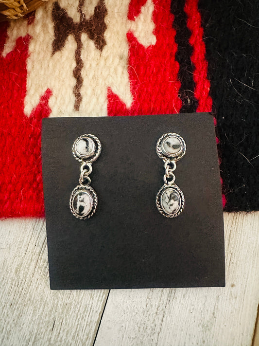 Navajo White Buffalo and Sterling Silver Dangle Earrings