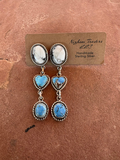 Handmade Natural Golden Hills Turquoise, White Buffalo and Sterling Silver Heart Dangles