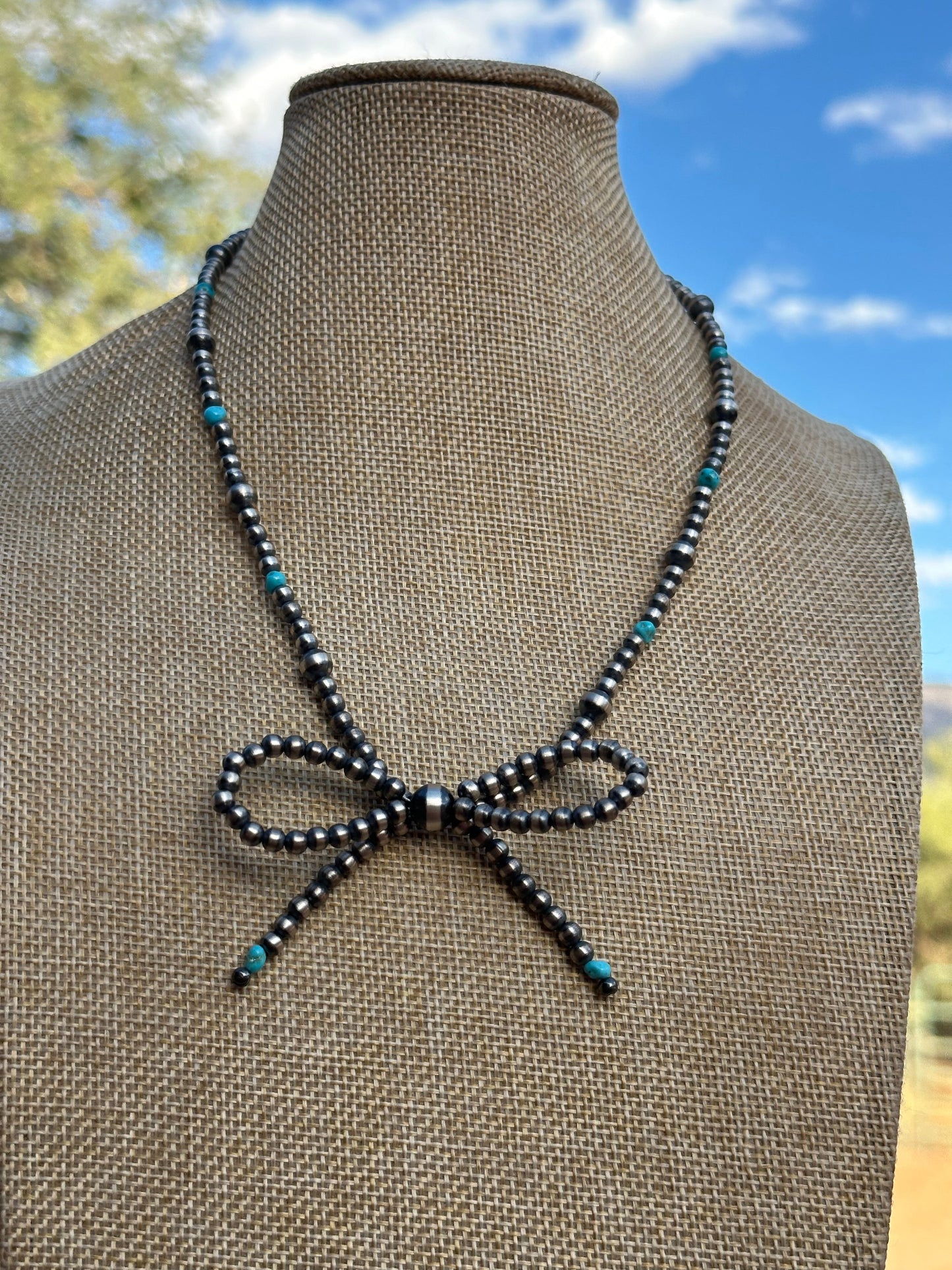 Navajo Made Sterling Silver & Turquoise  Pearl Beaded  Bow Tie  Necklace 18 inches