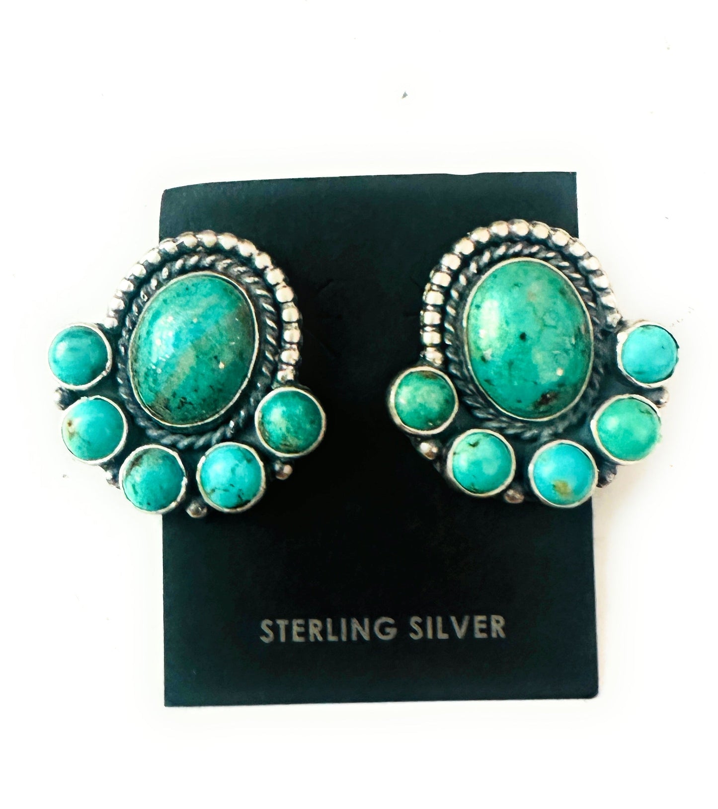 Navajo Sterling Silver & Kingman Turquoise Cluster Post Earrings