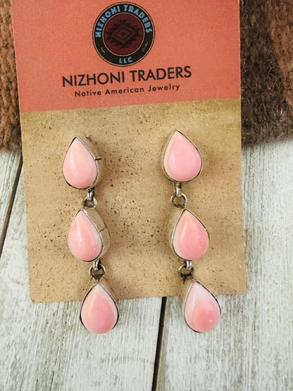 Navajo Queen Pink Conch & Sterling Silver Dangle Earrings