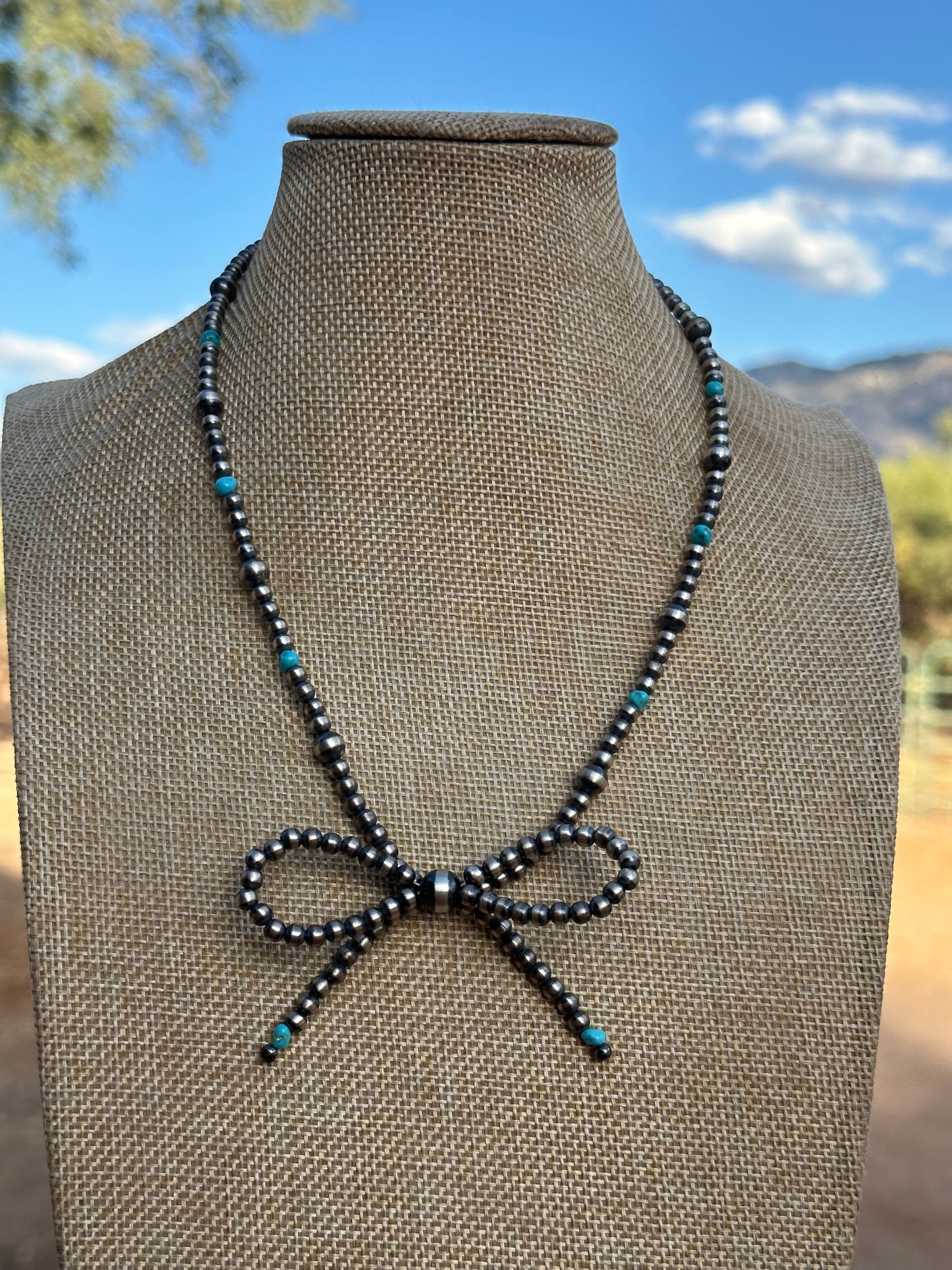 Navajo Made Sterling Silver & Turquoise  Pearl Beaded  Bow Tie  Necklace 18 inches